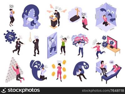 Isometric panic attack people set with isolated icons and conceptual compositions of human characters and monsters vector illustration