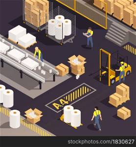 Isometric paper production composition people in production work in a paper-making shop vector illustration. Isometric Paper Production Composition