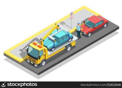Isometric Parking Composition. Colored isometric parking composition tow truck working on the roadside and evacuate a parked car vector illustration