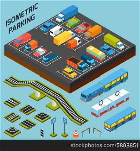 Isometric parking with 3d cars trucks and and buses elements isolated vector illustration. Isometric Parking Elements