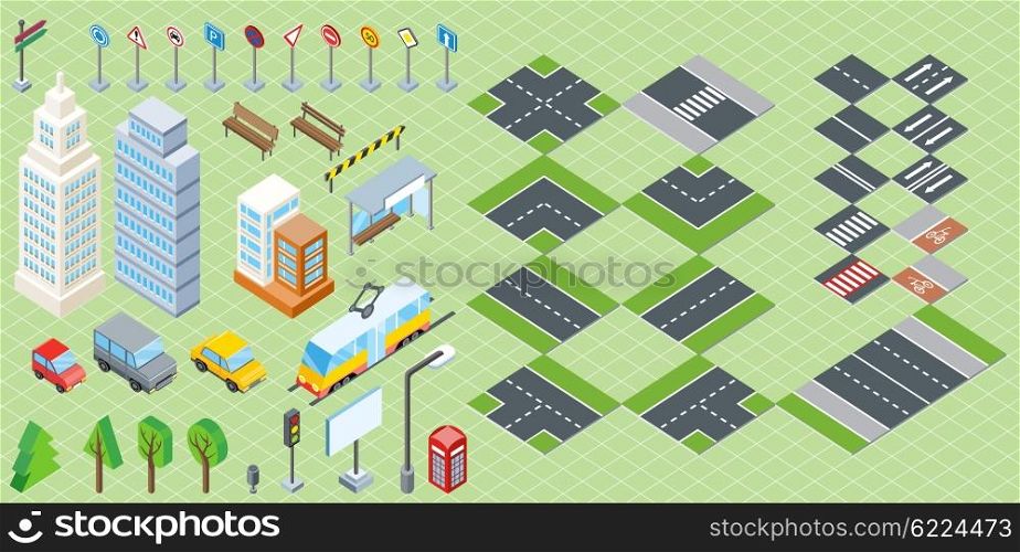 Isometric part of the city infrastructure. Isometric town, street modern, real structure, architecture exterior 3d for map, road and transport, house and auto, crossroad and tree. Vector illustration