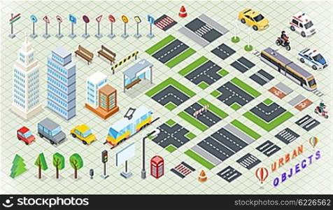 Isometric part of the city infrastructure. Isometric town, street modern, real structure, architecture exterior 3d for map, road and transport, house and auto, crossroad and tree. Vector illustration
