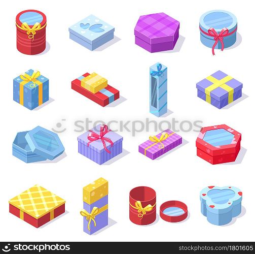 Isometric party celebration gift 3d cardboard boxes. Holidays gift boxes with bows and ribbons isolated vector illustration set. Festive colorful gift boxes for birthday, wedding or christmas presents. Isometric party celebration gift 3d cardboard boxes. Holidays gift boxes with bows and ribbons isolated vector illustration set. Festive colorful gift boxes