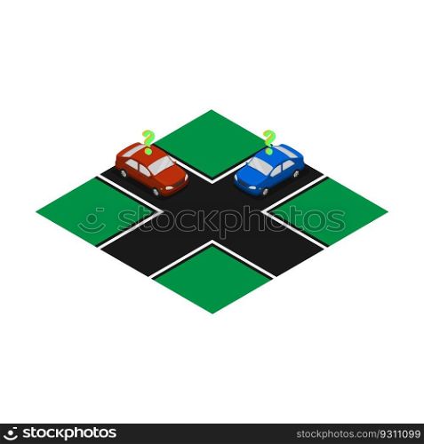 Isometric passenger cars high angle view at crossroads. Passenger transportation and small cargo delivery. Realistic 3D vector isolated on white background