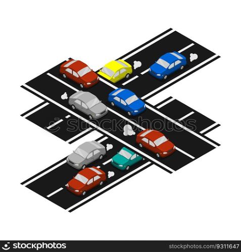 Isometric passenger cars high angle view on asphalt highway. Passenger transportation and small cargo delivery. Realistic 3D vector isolated on white background
