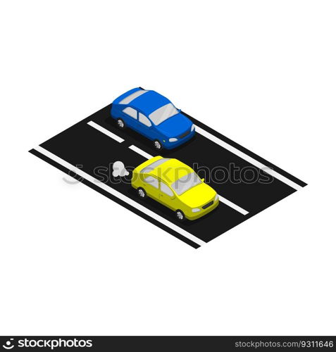 Isometric passenger cars maneuver high angle view on asphalt road. Passenger transportation and small cargo delivery. Realistic 3D vector isolated on white background