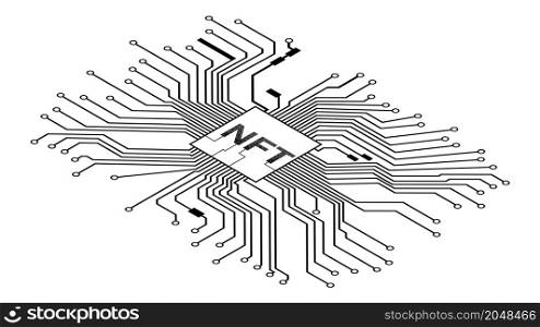 Isometric PCB tracks with NTF non fungible token in center isolated on white. Website design element. Vector illustration.. Isometric PCB tracks with NTF non fungible token in center isolated on white. Website design element.