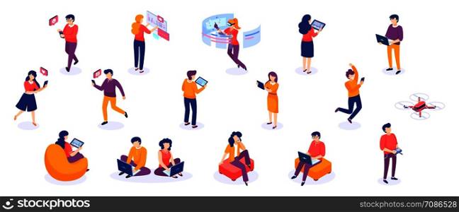 Isometric people and gadgets. Young men and women characters with smartphones and gadgets. Vector modern freelance business people on white background. Isometric people and gadgets. Young men and women characters with smartphones and gadgets. Vector freelance business people