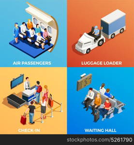 Isometric People At Airport. Isometric 2x2 design concept with set of scenes with people at airport and on board 3d isolated vector illustration