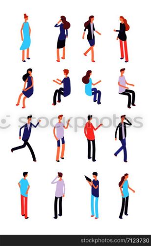 Isometric people. Cartoon sitting and standing persons. 3d men and women in casual clothes. Vector characters set of people man and woman illustration. Isometric people. Cartoon sitting and standing persons. 3d men and women in casual clothes. Vector characters set
