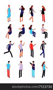 Isometric people. Cartoon sitting and standing persons. 3d men and women in casual clothes. Vector characters set of people man and woman illustration. Isometric people. Cartoon sitting and standing persons. 3d men and women in casual clothes. Vector characters set