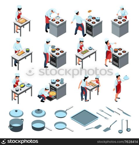 Isometric people cooking kitchen set with isolated icons of kitchenware and human characters wearing cooks uniform vector illustration