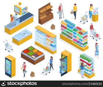 Isometric people do grocery shopping, supermarket purchases. Customers buying food in grocery market vector illustration set. Grocery store or supermarket Shopping and shopper buying. Isometric people do grocery shopping, supermarket purchases. Customers buying food in grocery market vector illustration set. Grocery store or supermarket shopping