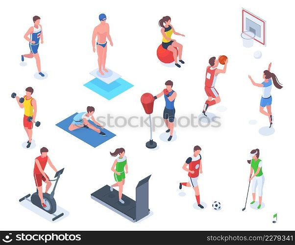 Isometric people do sports, boxing, golf and fitness. Characters do outdoor and indoor sports vector illustration set. Professional athletes exercising, working out with dumbbells, stretching. Isometric people do sports, boxing, golf and fitness. Characters do outdoor and indoor sports vector illustration set. Professional athletes exercising