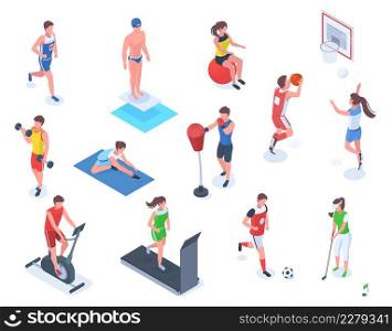 Isometric people do sports, boxing, golf and fitness. Characters do outdoor and indoor sports vector illustration set. Professional athletes exercising, working out with dumbbells, stretching. Isometric people do sports, boxing, golf and fitness. Characters do outdoor and indoor sports vector illustration set. Professional athletes exercising