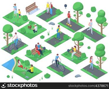 Isometric people in city park, outdoor activity, picnic sport recreation. Summer outdoor active recreations, picnic, port activities vector illustration set. City park scenes. Family play golf. Isometric people in city park, outdoor activity, picnic sport recreation. Summer outdoor active recreations, picnic, port activities vector illustration set. City park scenes