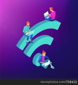 Isometric people in free internet zone working on laptops sitting on a big wifi sign. Free wifi hotspot, public assess zone, portable device concept on ultraviolet background. Vector 3d illustration.. Free WiFi hotspot isometric concept.