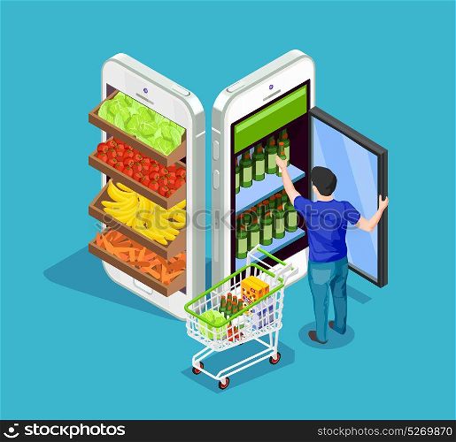 Isometric People Online Shopping. Man with full cart of products taking bottle out of fridge in form of mobile phone on blue background online shopping concept 3d isometric vector illustration