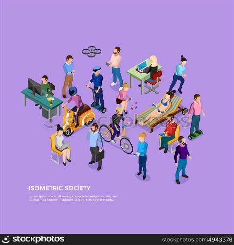 Isometric People Society. Isometric people society with group of male and female using different kinds of transport and electronic devices vector illustration