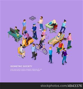 Isometric People Society. Isometric people society with group of male and female using different kinds of transport and electronic devices vector illustration