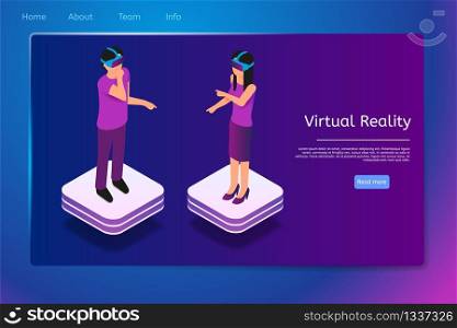Isometric People Use Virtual Reality Glasses in 3d. Vector Banner Illustration Man and Woman Work, Play, Communicate Augmented Reality. Modern Technologists Assisting in Work Process.