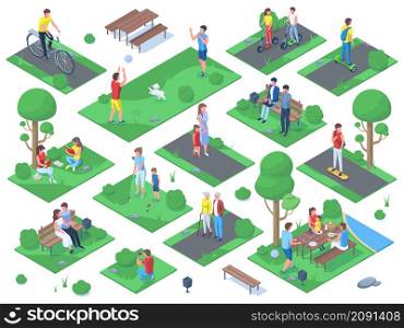 Isometric people walking, jogging, sitting on bench in city park. Park outdoor activity, summer active recreations vector illustration set. People in city park. Characters riding scooters, hoverboard. Isometric people walking, jogging, sitting on bench in city park. Park outdoor activity, summer active recreations vector illustration set. People in city park