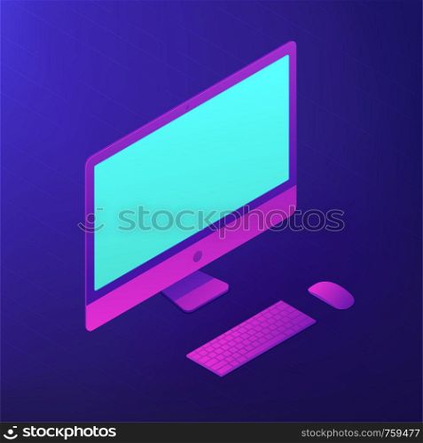 Isometric personal computer with a screen, keyboard and mouse. PC personal digital device. Office and business data concept digital technology. Ultraviolet background. Vector 3d illustration.. Isometric personal computer. Vector 3d illustration.