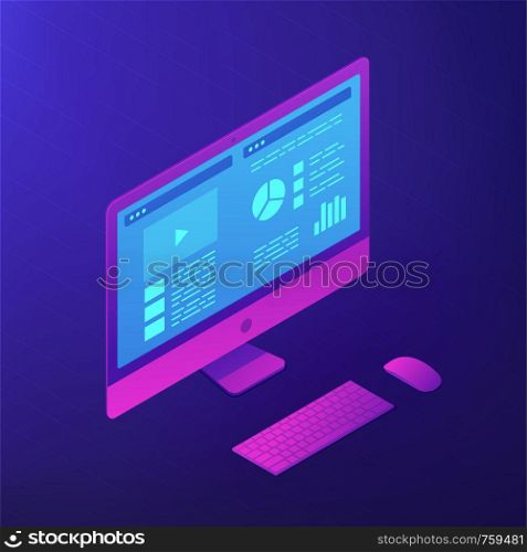 Isometric personal computer with data on the screen. PC software and application development. IT business and digital technology concept. Ultraviolet background. Vector 3d illustration.. Personal computer software. Isometric vector 3d illustration.