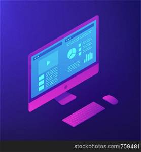 Isometric personal computer with data on the screen. PC software and application development. IT business and digital technology concept. Ultraviolet background. Vector 3d illustration.. Personal computer software. Isometric vector 3d illustration.