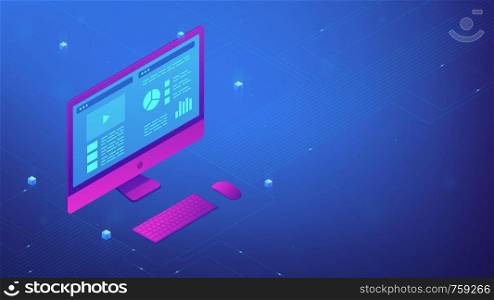Isometric personal computer with interface data on the screen. PC UI, UX design and application software development. IT business and digital technology concept. Ultraviolet vector 3d illustration.. Personal computer interface. Isometric vector 3d illustration.