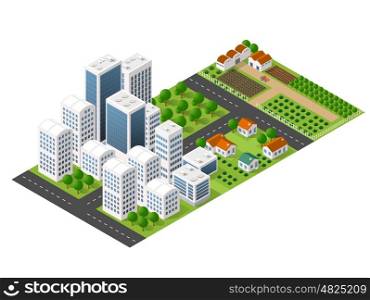Isometric perspective city with streets, houses, skyscrapers, parks and trees