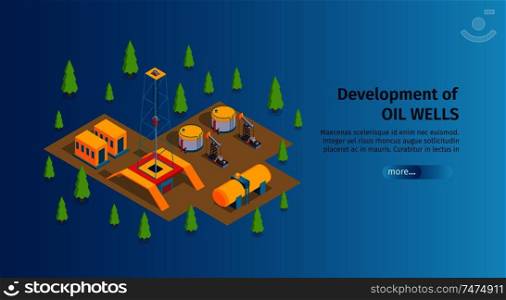 Isometric petroleum industry horizontal banner with editable text more button and images of oil derricks pumps vector illustration