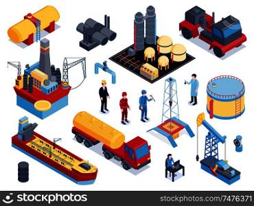 Isometric petroleum industry icon set with tools and equipment for oil production derricks machines workers vector illustration
