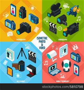 Isometric photo and video design concept set with photography and videography 3d icons isolated vector illustration. Isometric Photo Video Set