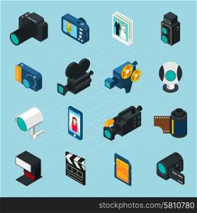 Isometric photo and video icons set with professional camera and equipment isolated vector illustration. Isometric Photo And Video Icons