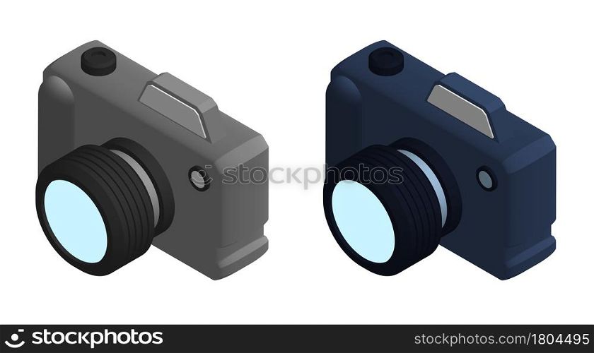Isometric photo camera, equipment for photography. World Photography Day August 19th. Realistic 3D vector