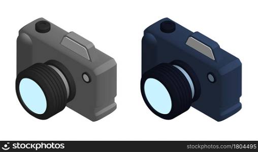 Isometric photo camera, equipment for photography. World Photography Day August 19th. Realistic 3D vector