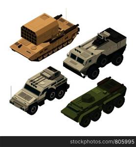 Isometric pictures of army heavy vehicles. Vector pictures set army vehicle, military transport illustration. Isometric pictures of army heavy vehicles. Vector pictures set