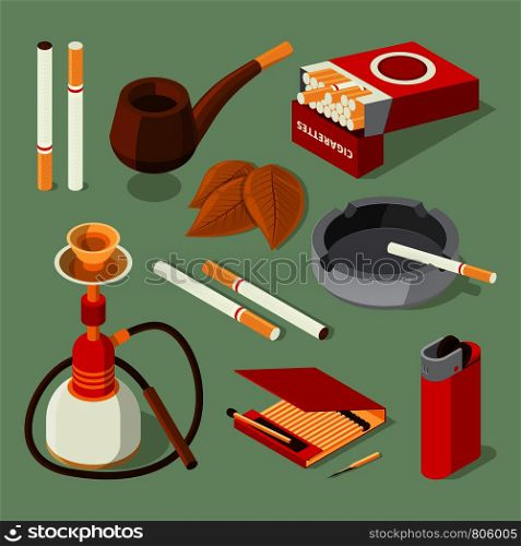 Isometric pictures of different accessories for smokers. Vector tobacco and pipe, addiction and unhealthy nicotine illustration. Isometric pictures of different accessories for smokers