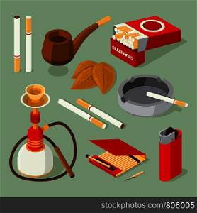 Isometric pictures of different accessories for smokers. Vector tobacco and pipe, addiction and unhealthy nicotine illustration. Isometric pictures of different accessories for smokers