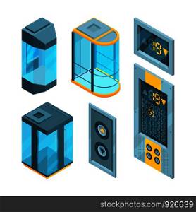 Isometric pictures set of glass elevators with steel buttons. Vector elevator fot hotel, lift indoor stainless illustration. Isometric pictures set of glass elevators with steel buttons