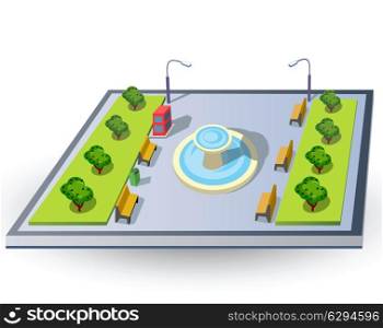 Isometric piece of urban landscape with a fountain