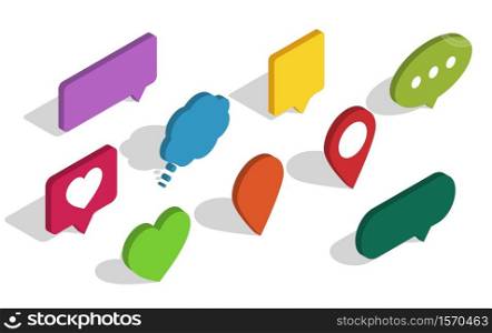 Isometric pin or speech bubbles for text in chat. 3d pointer icon for position in travel. Flat perspective message balloon for talk in social media. Romantic marker with heart of love. vector. Isometric pin or speech bubbles for text in chat. 3d pointer icon for position in travel. Flat perspective message balloon for talk in social media. Romantic marker with heart of love. vector.