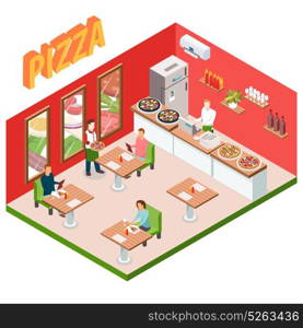 Isometric Pizzeria Background. Isometric pizzeria background with restaurant visitors and attendants 3 d model vector illustration