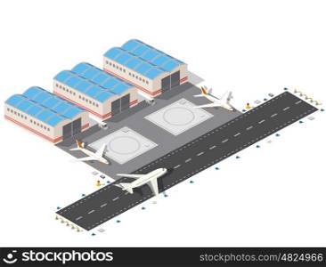 Isometric plan of the city airport, flight of construction and building, terminal, planes and vector illustration.