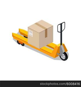 Isometric platform trolleys icon design style. Warehouse and forklift truck, truck and jack, cargo cart, delivery and lift, equipment industry, industrial loader. Isometric platform trolley