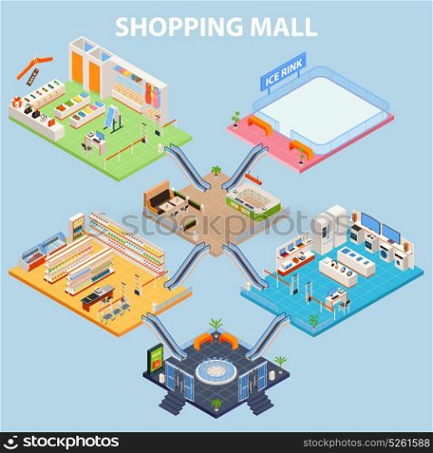 Isometric Plaza Interior Concept. Shopping mall background with isometric interiors at different levels of plaza trade center with furniture images vector illustration