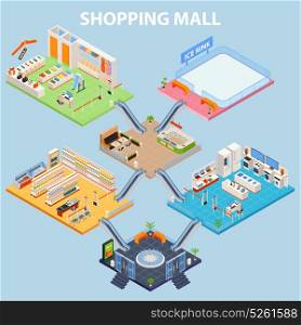 Isometric Plaza Interior Concept. Shopping mall background with isometric interiors at different levels of plaza trade center with furniture images vector illustration