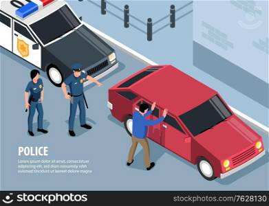 Isometric police background composition with street scenery and cars with custody scene officers and editable text vector illustration