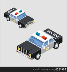 Isometric police car in two projections. Vector